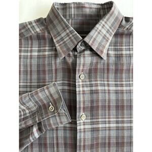 Ermenegildo Zegna Button Down Shirt- L Grey & Brown Plaid, Luxury Cotton Classic